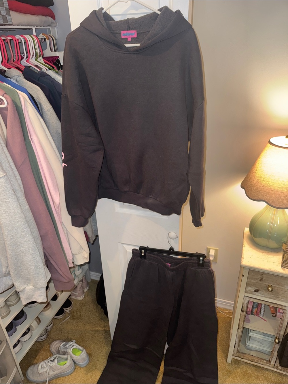 Cozy gray with pink bows Large Hoodie & medium Sweatpants Set